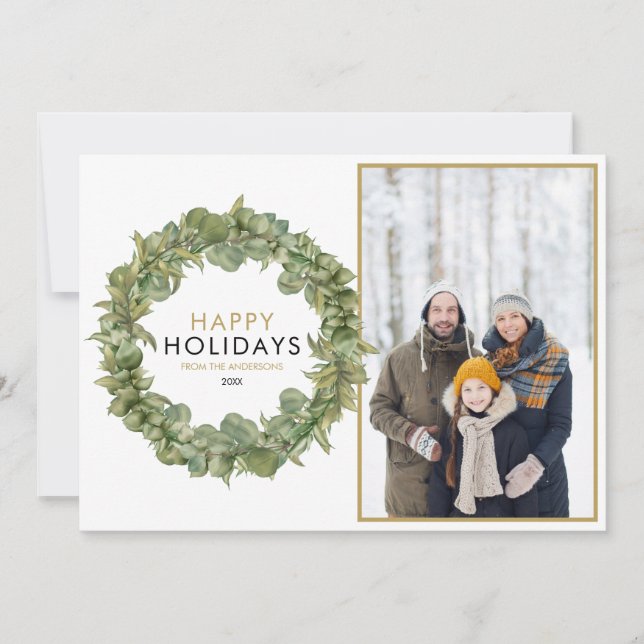 Elegant Christmas Photo Greenery Wreath Happy Holiday Card (Front)