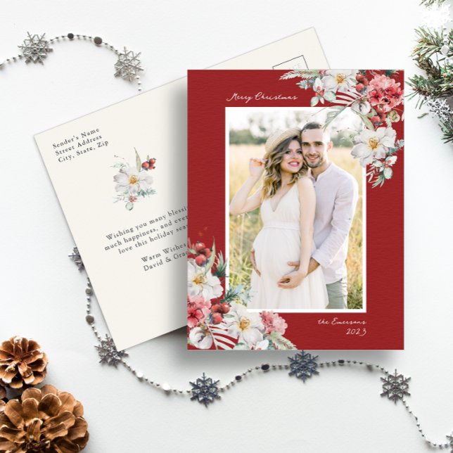 Elegant Christmas Photo Holiday Postcard (Red Merry Christmas Holiday Postcard Simple Elegant Watercolor Botanical Floral Berries)