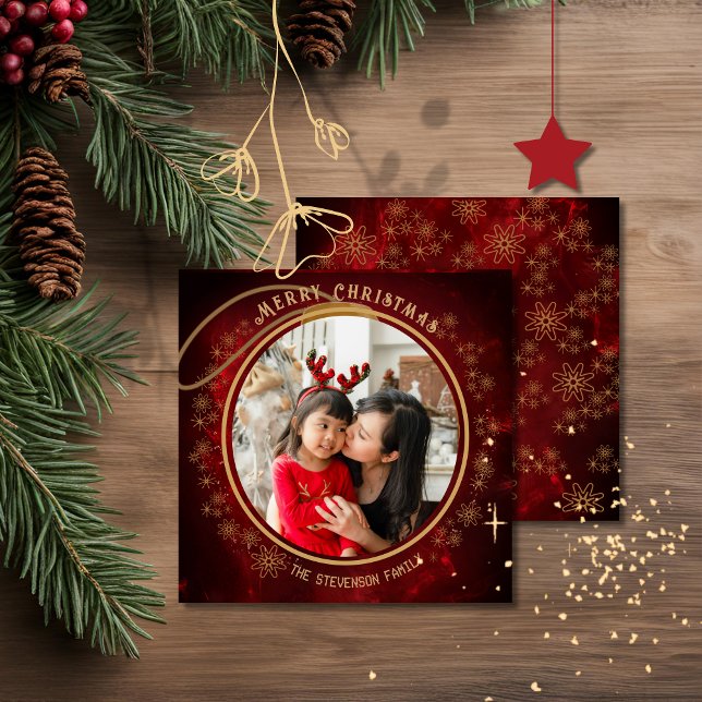 Elegant  Christmas Photo Red Gold Stars Holiday Card (Elegant Christmas Photo Red Gold Stars Holiday Card)