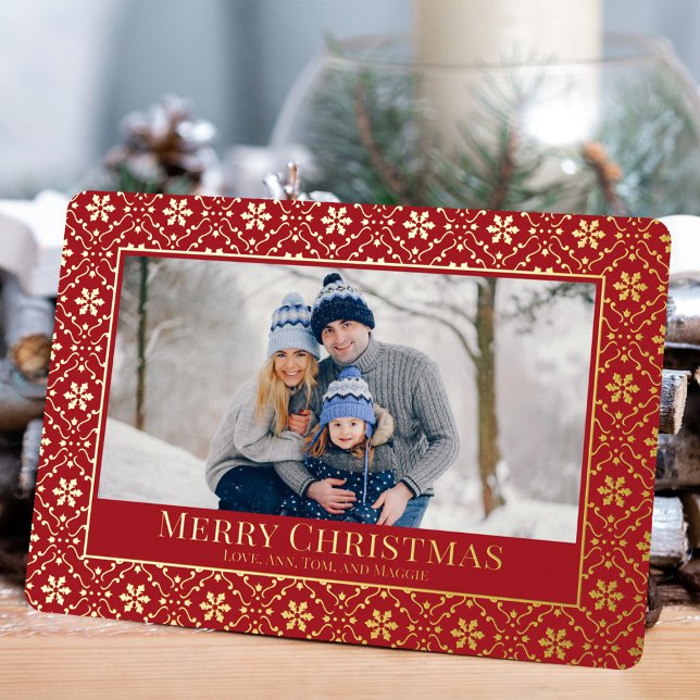 Elegant Christmas Photo Snowflake Real Gold (Merry Christmas red and gold foil photo card. )