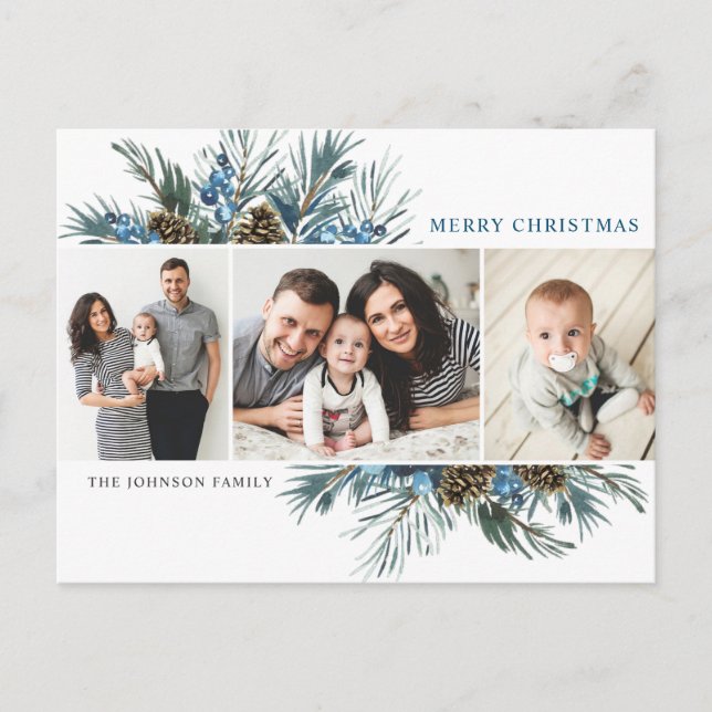 Elegant Christmas Pine Cones 3 Photo Greeting Postcard (Front)