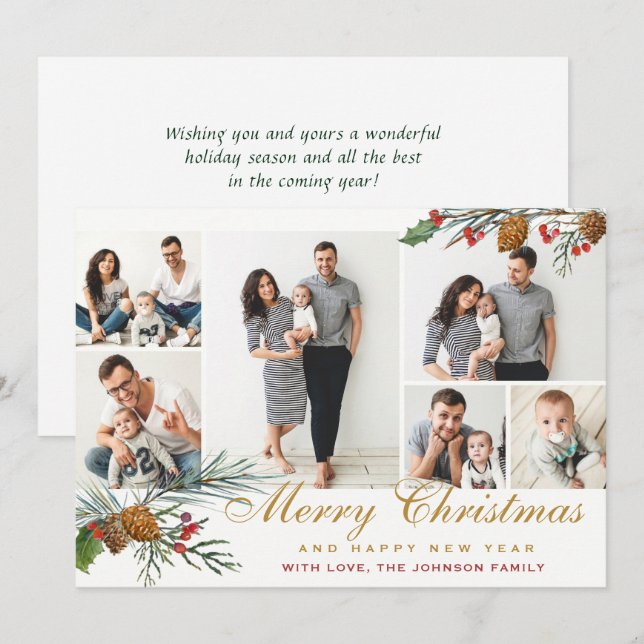 Elegant Christmas Pine Cones 6 Photo Greeting Holiday Card (Front/Back)