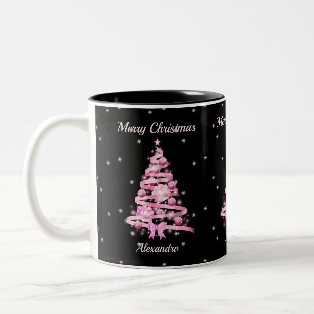 Elegant Christmas Pink Tree Custom Name Black Two-Tone Coffee Mug (Left)