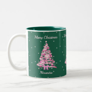 Elegant Christmas Pink Tree Custom Name Green Two-Tone Coffee Mug