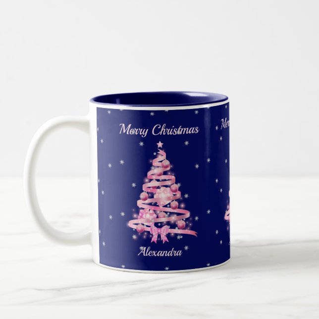 Elegant Christmas Pink Tree Custom Name Navy Blue Two-Tone Coffee Mug (Left)