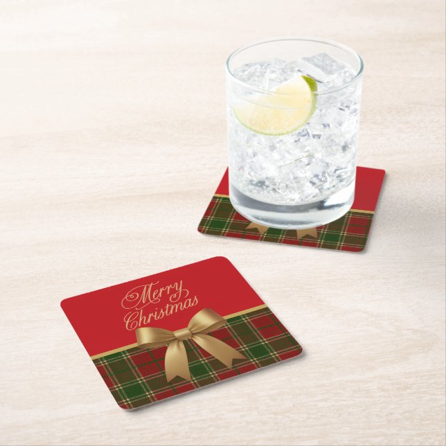 Elegant Christmas Plaid Collection with Gold Bow Square Paper Coaster (Insitu)