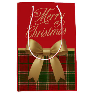 Elegant Christmas Plaid Gift Bag with Gold Bow