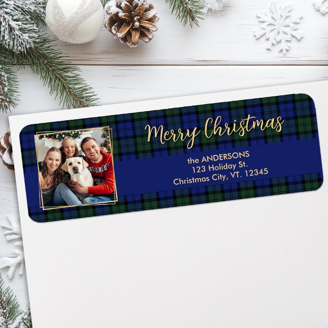Elegant Christmas Plaid Gold Photo Return Address (Creator Uploaded)