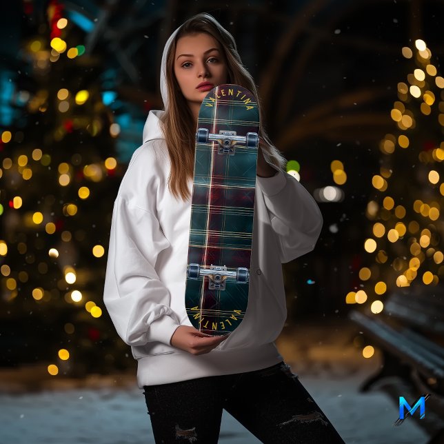 Elegant Christmas Plaid in Burgundy and Teal Skateboard (Creator Uploaded)