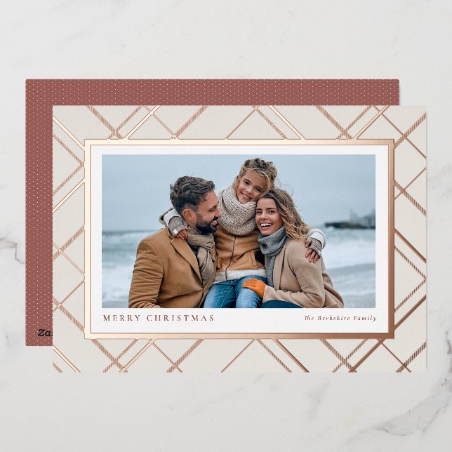 Elegant Christmas plaid rose gold one photo family (Front/Back)