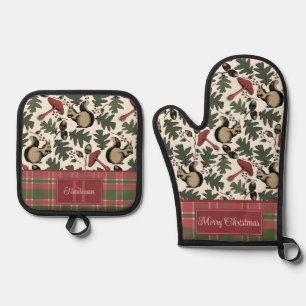 Elegant Christmas Plaid & Squirrels Personalised Oven Mitt & Pot Holder Set
