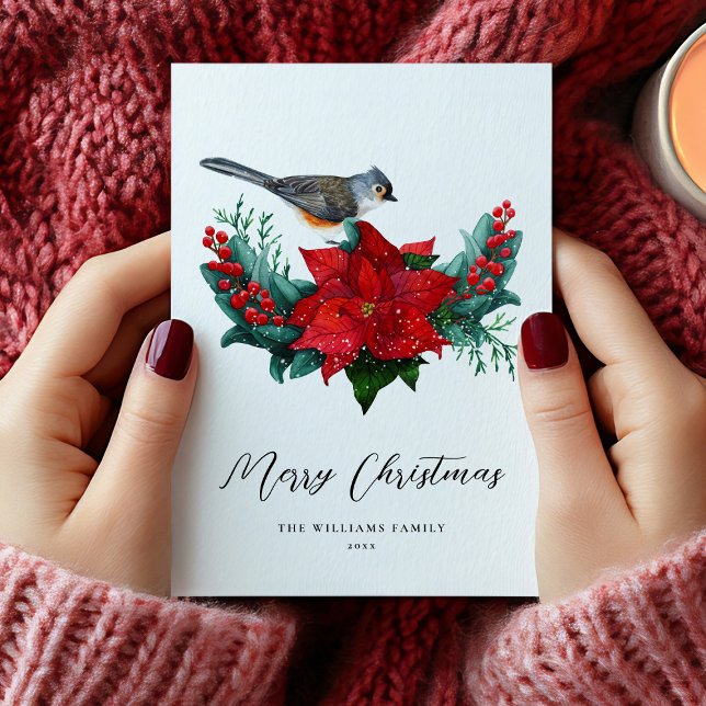 Elegant Christmas Poinsettia Bird Non-Photo Holiday Card (Elegant Christmas Poinsettia Bird Holiday Card)