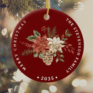 Elegant Christmas Poinsettia Burgundy Ceramic Tree Decoration