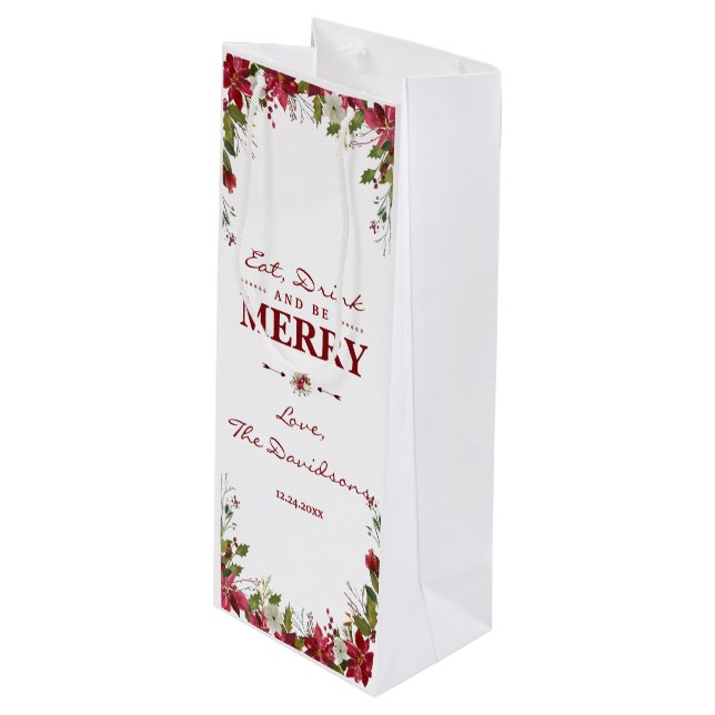 Elegant Christmas Poinsettia Eat Drink & be Merry Wine Gift Bag (Front Angled)