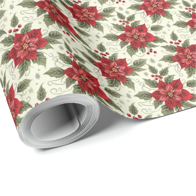 Elegant Christmas Poinsettia Floral Gift Wrapping Paper (Roll Corner)