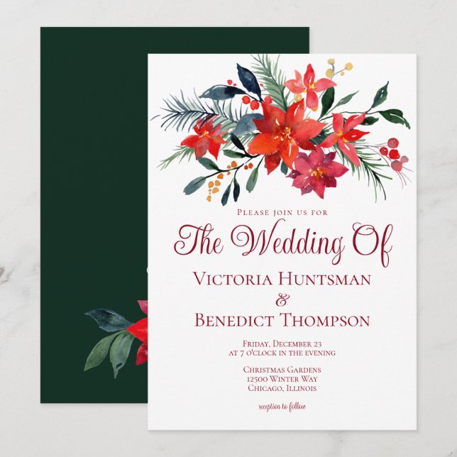 Elegant Christmas Poinsettia Flower Winter Wedding Invitation (Front/Back)