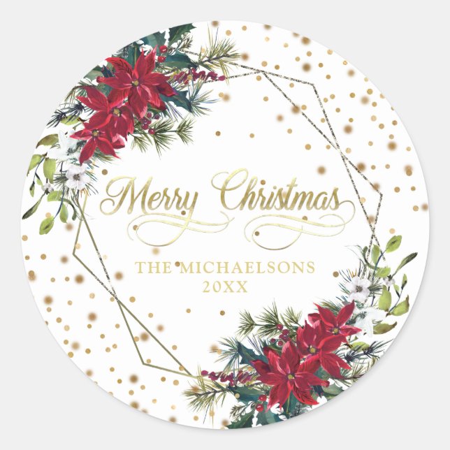 Elegant Christmas Poinsettia Gold Confetti Classic Round Sticker (Front)