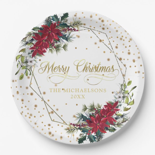 Elegant Christmas Poinsettia Gold Confetti Paper Plate (Front)