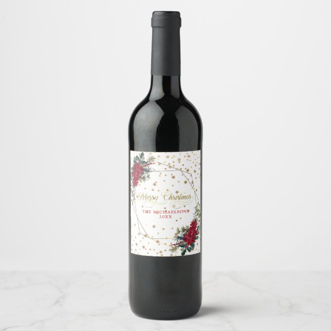 Elegant Christmas Poinsettia Gold Confetti Wine Label (Front)