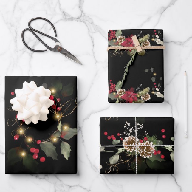 Elegant Christmas Poinsettia Holly Eucalyptus Pine Wrapping Paper Sheet (Front)