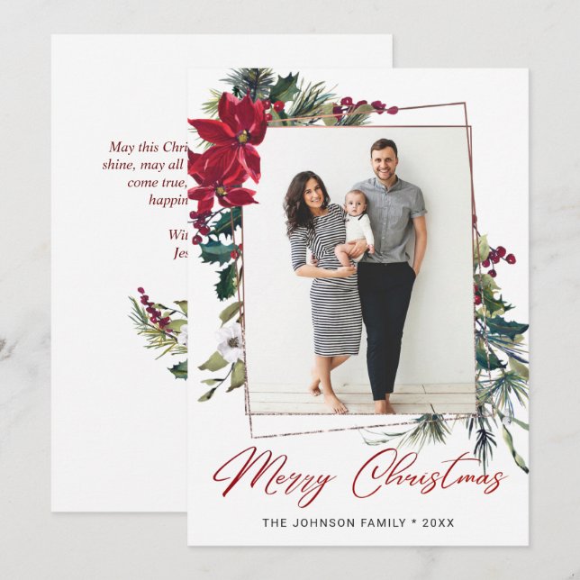 Elegant Christmas Poinsettia Photo Greeting Holiday Card (Front/Back)