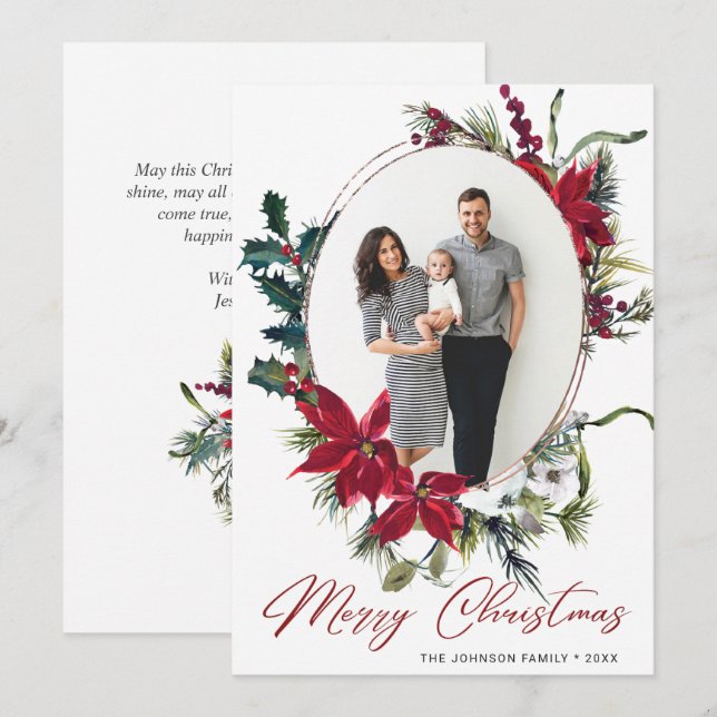 Elegant Christmas Poinsettia Photo Greeting Holiday Card (Front/Back)