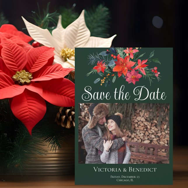 Elegant Christmas Poinsettia Photo Save the Date Magnetic Invitation (Creator Uploaded)