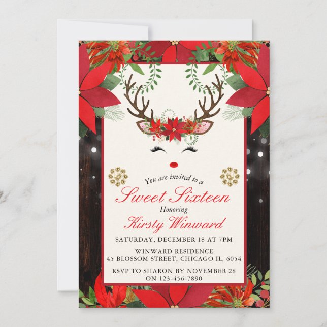 Elegant Christmas Poinsettia Reindeer Sweet 16 Invitation (Front)