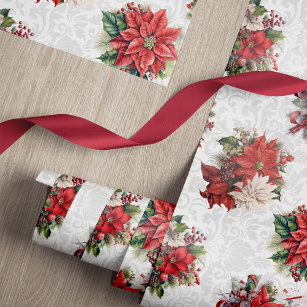 Elegant Christmas Poinsettias and Damask Wrapping Paper