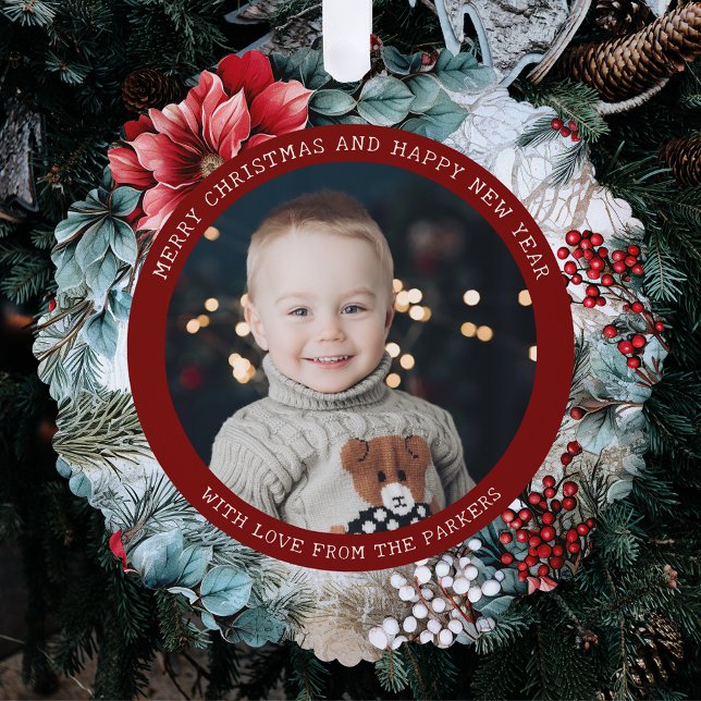 Elegant Christmas Poinsettias and Holly Photo Tree Decoration Card (Creator Uploaded)