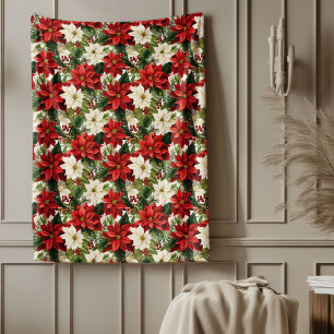 Elegant Christmas Red and White Poinsettia Fleece Blanket
