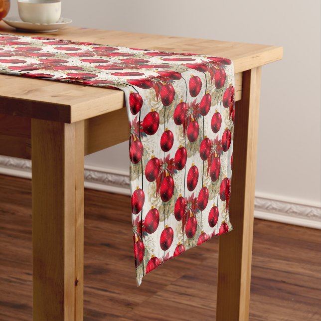 Elegant Christmas Red Bauble & Poinsettia Pattern  Short Table Runner (In Situ)