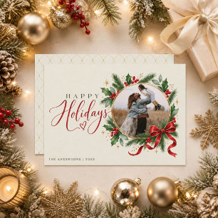 Elegant Christmas Red Bow Wreath Photo  Holiday Card