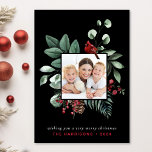 Elegant Christmas Red Cardinal Photo Black Holiday Card<br><div class="desc">Elegant black holiday greeting card featuring your photo framed by a nature-inspired watercolor of a red cardinal and seasonal winter greenery. You can personalise your Christmas greeting, as well as your family names and the year in simple modern red and white typography. On the back, add an additional photo and...</div>