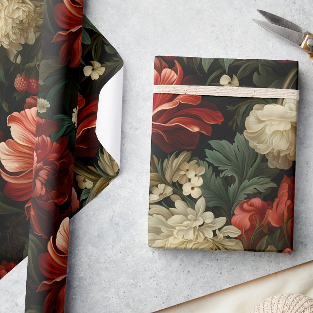 Elegant Christmas Red & Cream Floral Decoupage Wrapping Paper (Creator Uploaded)