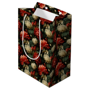 Elegant Christmas Red & Cream Vintage Floral Medium Gift Bag