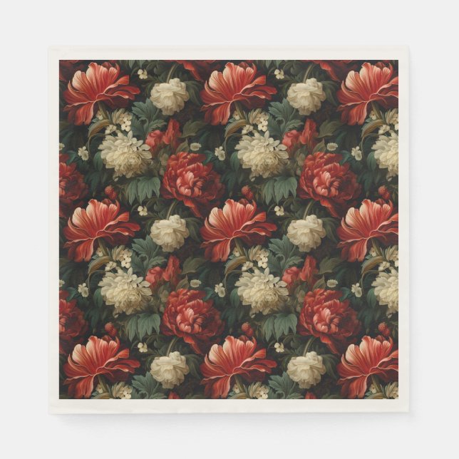 Elegant Christmas Red & Cream Vintage Floral Napkin (Front)