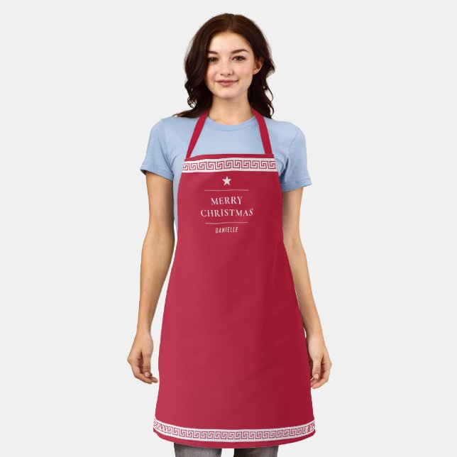 Elegant Christmas Red Custom Name Greek Meander Apron (Worn)