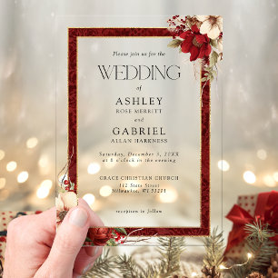 Elegant Christmas Red Damask Floral Acrylic Invitations