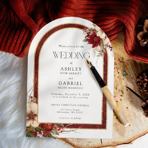 Elegant Christmas Red Damask Floral Arch Invitation