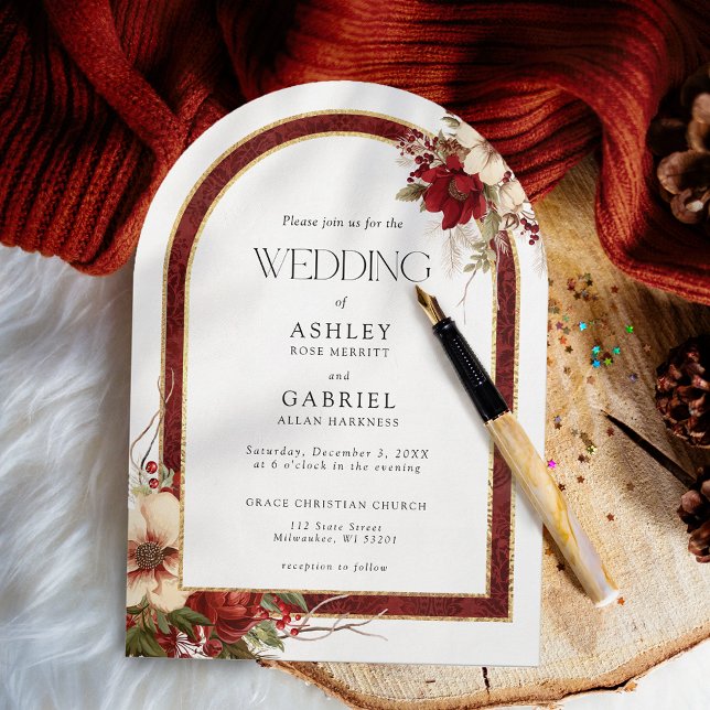 Elegant Christmas Red Damask Floral Arch Invitation (Creator Uploaded)
