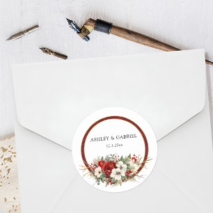 Elegant Christmas Red Damask Floral Classic Round Sticker