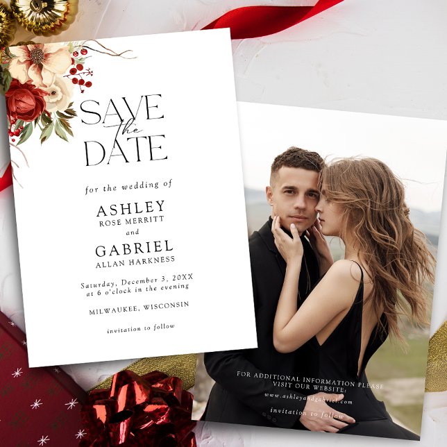 Elegant Christmas Red Damask Floral Save The Date (Creator Uploaded)