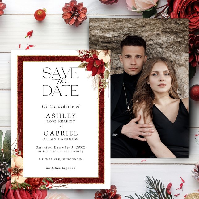 Elegant Christmas Red Damask Floral Save The Date (Creator Uploaded)