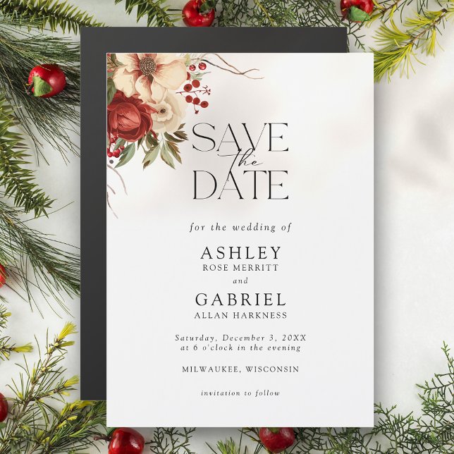 Elegant Christmas Red Damask Floral Save the Date Magnetic Invitation (Creator Uploaded)