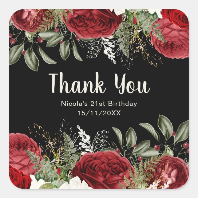 Elegant Christmas Red Flowers Birthday Party Square Sticker (Front)
