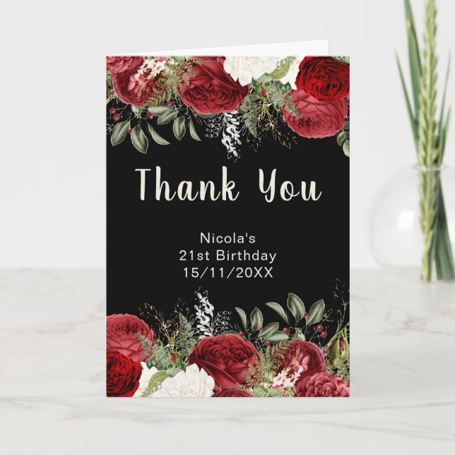 Elegant Christmas Red Flowers Birthday Party Thank You Card (Front)