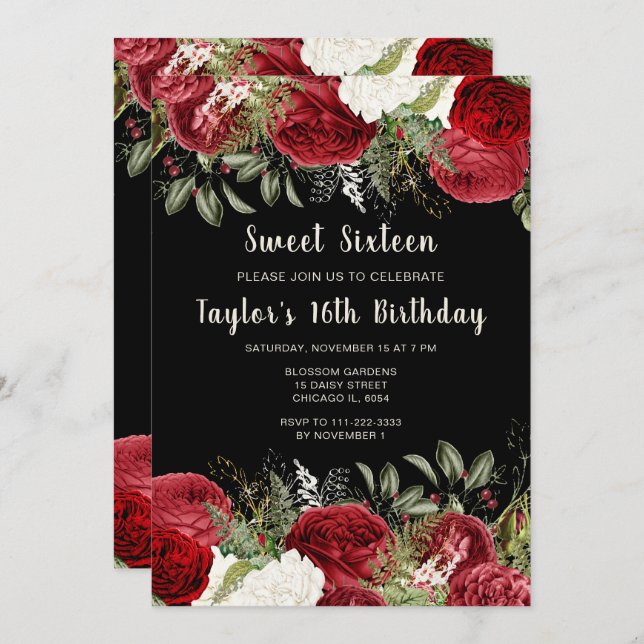 Elegant Christmas Red Flowers Sweet Sixteen Invitation (Front/Back)