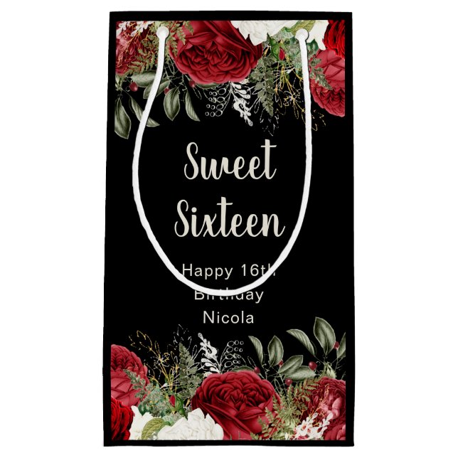 Elegant Christmas Red Flowers Sweet Sixteen Small Gift Bag (Front)