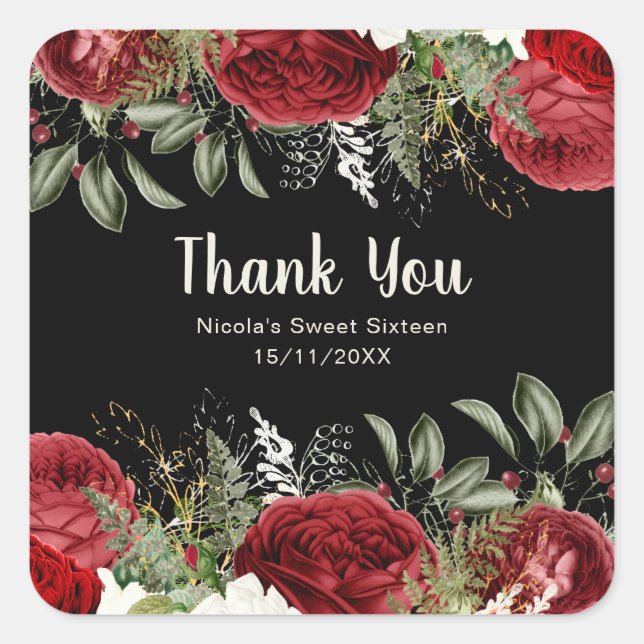 Elegant Christmas Red Flowers Sweet Sixteen Square Sticker (Front)
